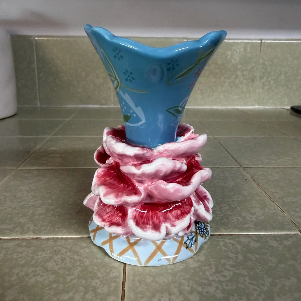 Tracy Porter Hand Painted Ceramic Flower Bud Vase Blue Pink Floral Cottagecore